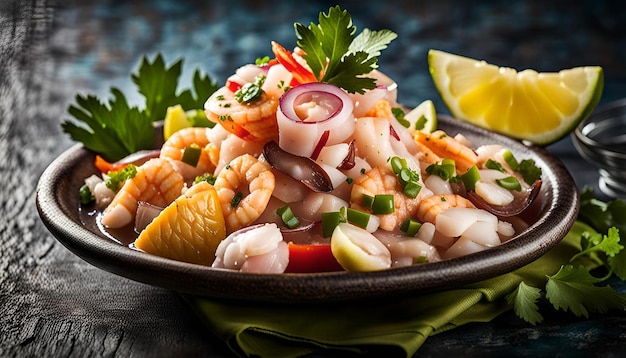 Macro shot of ceviche mixto